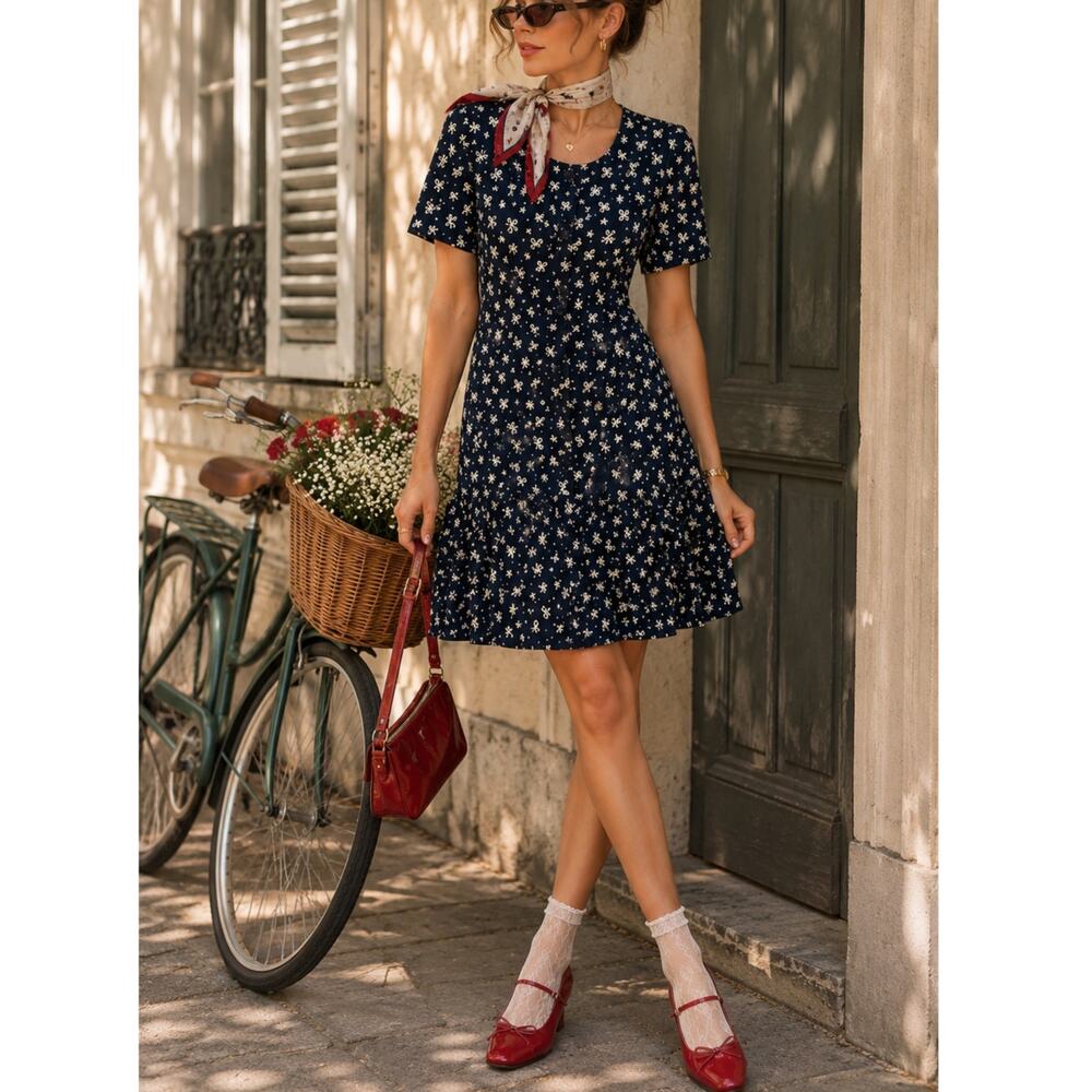 Leslie Fay Vintage Navy Bow Print Drop Waist Flounce Dress Retro Cute S/P